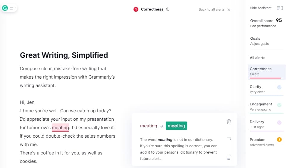 Writing tool Grammarly screenshot