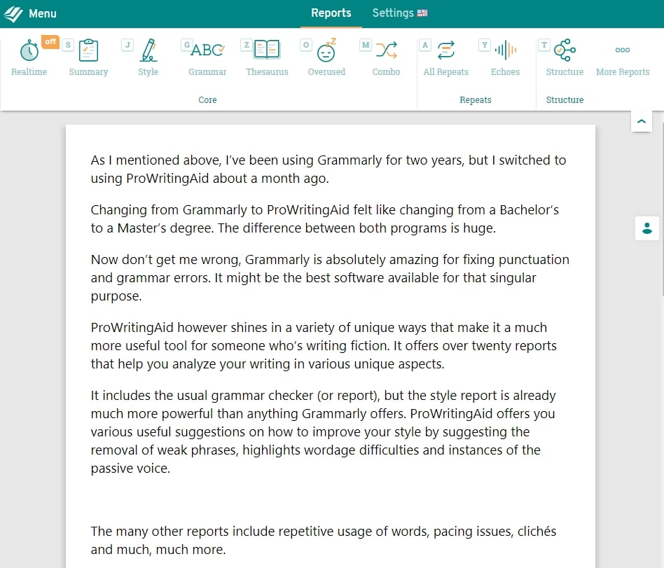 Writing tool ProWritingAid screenshot